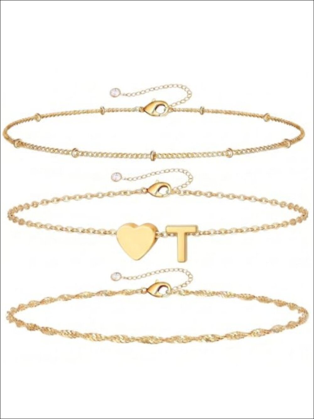 14K Gold Plated Initial Bracelet Set 3Pc Layered Heart Charm Adjustable